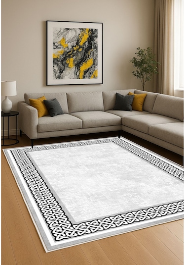 Gri Dijital Baskı Salon Halısı Kaymaz Tabanlı Yıkanabilir Halı Yolluk 531 Gri