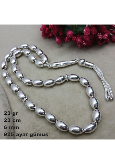 925 Ayar Gümüş Tesbih Arpa Kesim Düz Model Büyük Boy