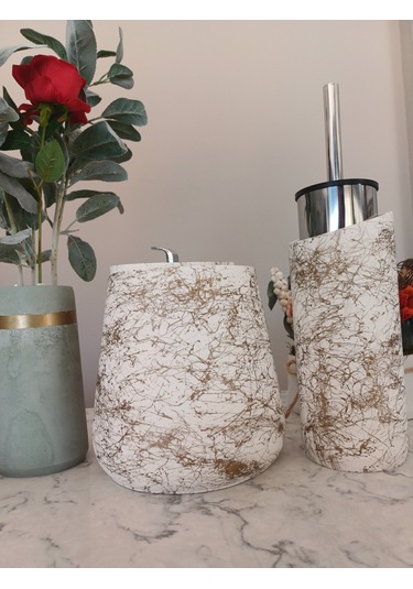 Betonmall 2'li Set Beton Banyo Çöp Kovası Ve Tuvalet Wc Fırçalığı Bej