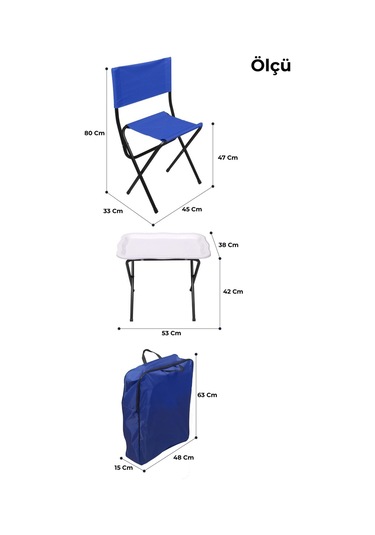 İronika Çantalı Katlanabilir Balıkçı Seti Sırtlı Piknik Balkon Kamp Taburesi Sehpa Seti - Mavi Gri