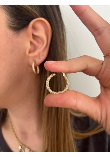 Altın Nesil - 14 Ayar Altın Kumlu Yuvarlak Küçük Küpe Altın - Beyaz Altın