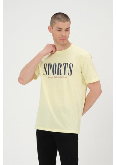 Erkek Sarı Basic T-shirt Baskılı Slim Fit %100 Pamuk Tişört Sarı
