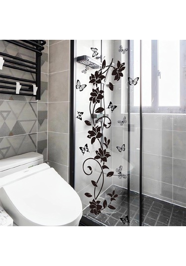 Gajeena Siyah Çiçek Asma Kelebek Duvar Sticker, Kaldırılabilir Vinyl Otostik Ev Dekoru, Banyo Oturma Odası Yatak Odası Dekoratif 90x30cm Siyah
