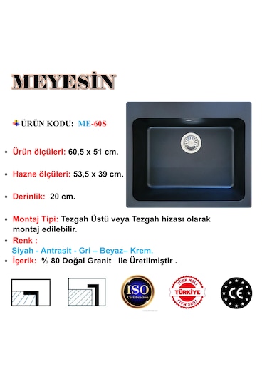 Meyesin ME-60S Granit Tek Gözlü Mutfak Evyesi Siyah 50 x 60 CM
