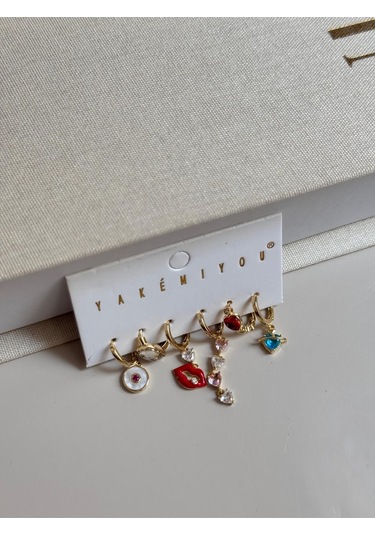 Renkli Figürlü 6 Lı Altın Renk Charm Küpe Seti Kalp, Dudak Ve Göz Detaylı Altın