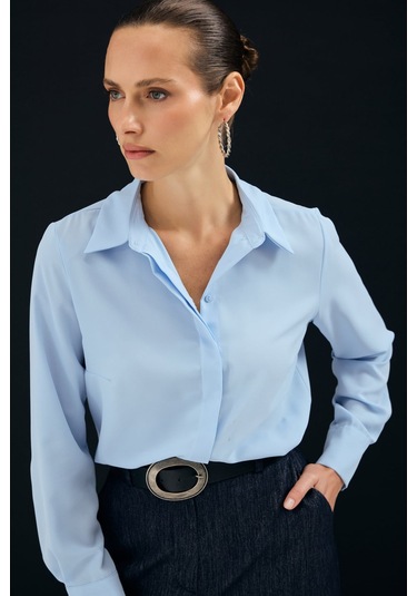 Sateen Klasik Düz Gömlek - Mavi-136996