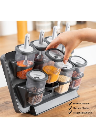 Porsima 1117 Standlı Kaşıklı 360° Döner Kapaklı Baharatlık Seti Antrasit - Gri