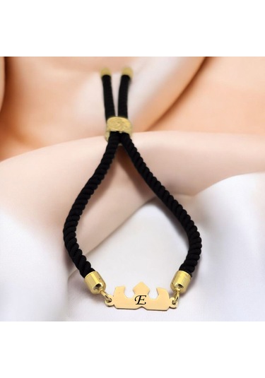 E Harfine Özel 14 Ayar Altın Plakalı Siyah İpek Örgülü Taç Figürlü Hediye Bileklik-507harf E