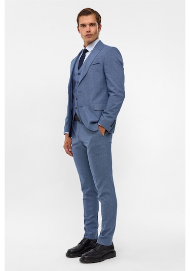 SÜVARİ Buz Mavi Slim Armürlü Sivri Yaka 6 Drop Takım Elbise