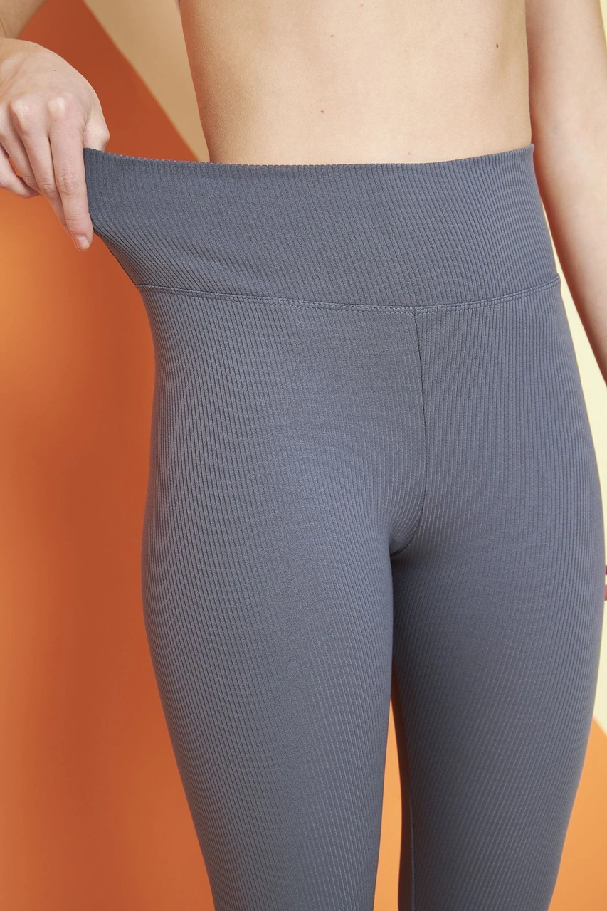 Bej Yüksek Bel Fitilli Toparlayıcı Interlok Örme Spor Dar Paça Kadın Tayt Antrasit