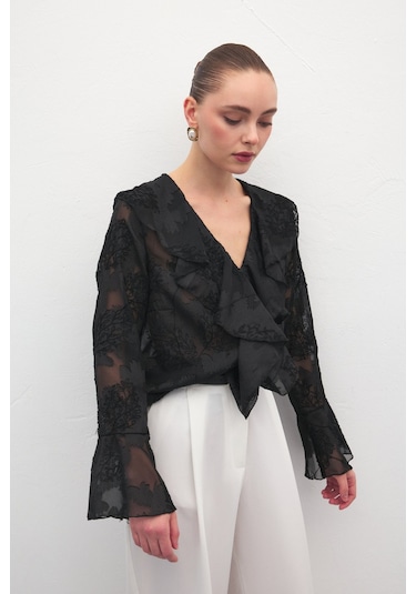 Sateen Fırfır Detaylı Nakışlı Gömlek - Siyah-137181 Siyah
