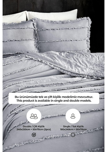 Evlen Home Pamuklu Echos Yatak Örtüsü Takımı Günlük Çift Taraflı Kişilik 3 Parça Dolgulu El İşi Gri
