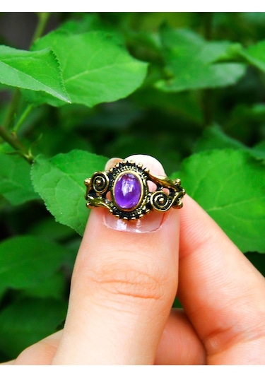 Doğal Taş Ametist Doğal Taşlı Antik İşlemeli Ayarlanabilir Kadın Yüzük Euy36at Mor