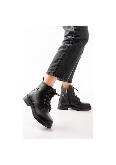 02-2003 Siyah Galata Bağcıklı Fermuarlı Günlük Kadın Bot Siyah