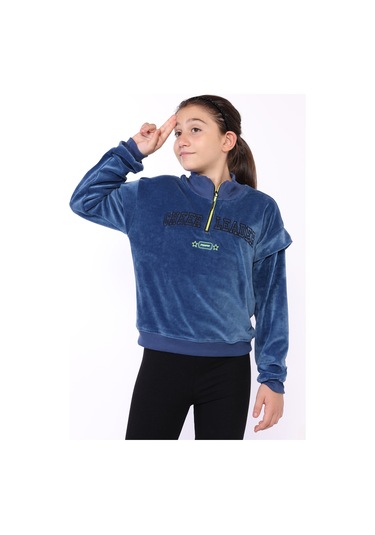 Toontoy Kız Çocuk Fermuar Detaylı Nakışlı Kadife Sweatshirt Lacivert