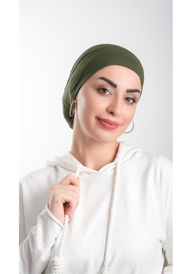 Haki Pratik Hazır Geçmeli Tesettür Bone Viskon Kumaş Sade 3003_09 Haki