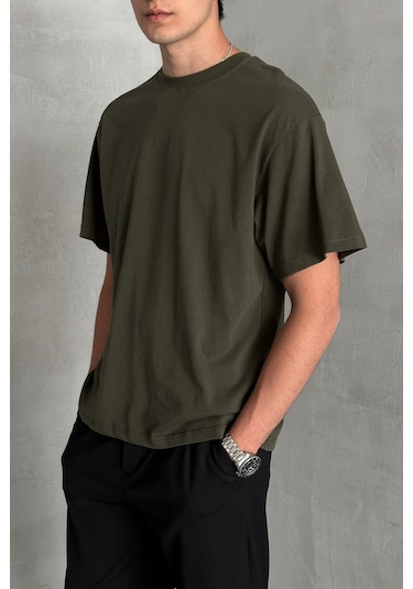 Hyman Erkek %100 Pamuk Oversize Basic T-shirt Yeşil
