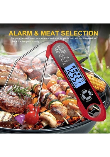 Ulzyvf Hızlı Oku Çift Problu Su Geçirmez Yemek Termometresi - Alarmlı Açılır Fonksiyonlu Kırmızı Kırmızı