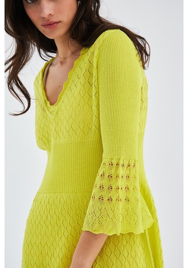 Peraluna YOHO DRESS Ajurlu V Yaka Diz Hizası Yazlık Kadın Triko