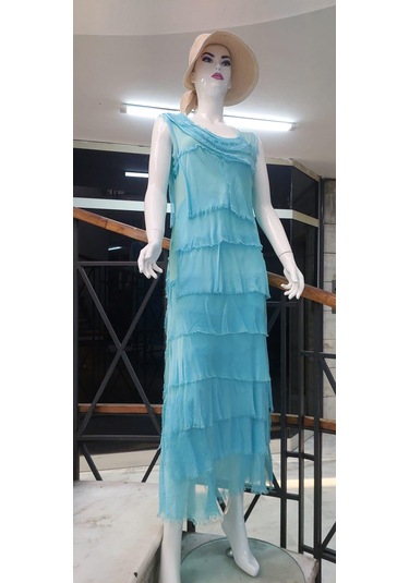 Italyan 2 Beden İnce Gösteren Kat Kat Kolsuz Ipek Elbise-8769 Açık Turkuaz