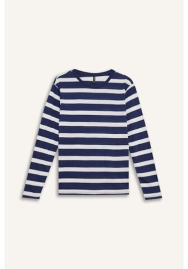 Defacto Regular Fit Bisiklet Yaka Çizgili Casual Uzun Kollu Tişört A9442AX24WNNV31 Lacivert