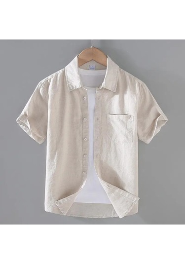 Zeeshant Pamuk Keten Erkek Kısa Kollu Gömlek Yaz Streetwear M-3xlfildişierkek Fildişi
