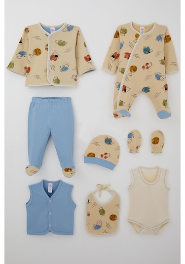 Breeze Erkek Bebek Hastane Çıkışı 8 Li Sevimli Hayvancıklar Desenli 0-3 Ay, Bej Bej