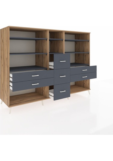 Kronos Dolap 8 Raflı 7 Çekmeceli 220x59x163 Çam-antrasit Çam-antrasit