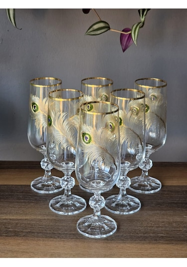 Fermato 6 'lı 24k El İşçiliği - Gerçek Altın İşlemeli 180 Cc'lik Kahve Yanı Kristal Bardak Peacock Gold Çok Renkli