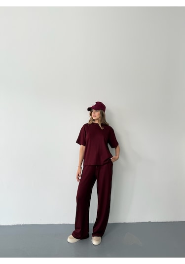 Kadın Modal Kısa Kolu Soft Touch Spor Takım Bordo