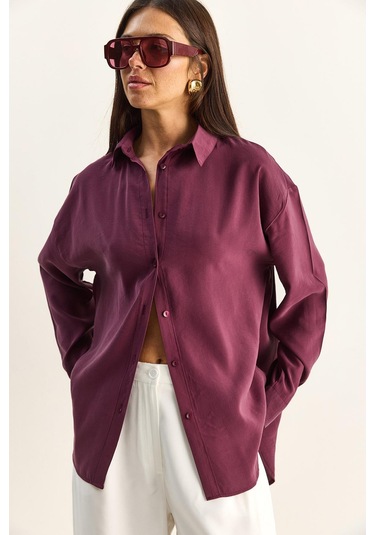 Shade Kadın Şal Aksesuarlı Oversize Modal Gömlek 340 60286164 - Mürdüm MÜRDÜM