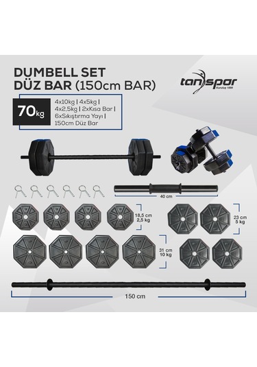 Tan Spor 70 KG Dambıl Halter Ağırlık Fitness Düz Bar Seti Kırmızı Kapaklı 150 CM