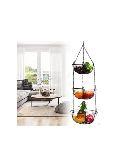 Novahub Demir Asılı Meyve Sepeti Retro, 3 Katmanlı Organizatör, Paslanmaz, Mutfak Dekorasyonu Siyah