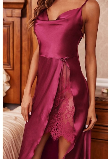 Merry See Özel Tasarım Degaje Yakalı Yırtmaçlı Dantelli Saten Uzun Gecelik Bordo