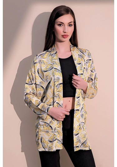 Kadın Sarı Safari Desen Yeni Moda Saten Çift Cepli Salaş Kimono Ceket - Tesettüre Uygun Sarı