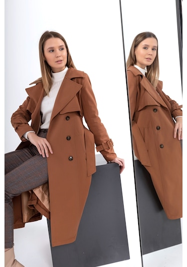 Pastelastore %100 Pamuk Gabardin Uzun 110cm Astarlı Kemerli Kadın Trençkot 1111 Taba