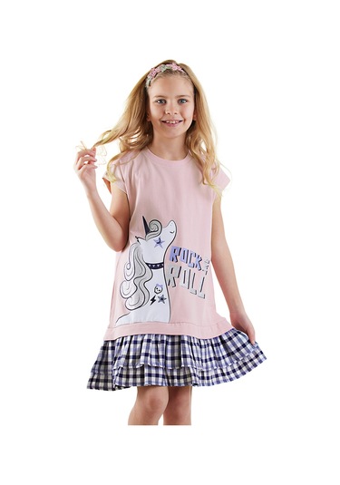 Denokids Unicorn Rock Kız Çocuk Ekose Elbise Renkli Çok Renkli