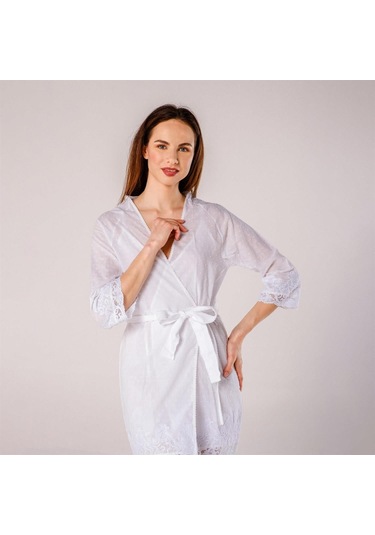 Pearl Dantelli Kadın Bride Gelin Sabahlığı Beyaz