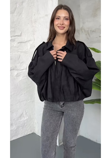Prifaldi Premium Oversize Süet Bomber Ceket Siyah
