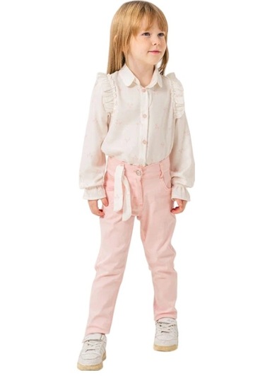 Kız Çocuk Fırfır Detaylı Gömleği Desenli Gömlek Pantolon Takımı Pudra