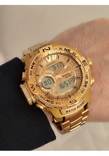 Quamer Erkek Kol Saati Analog Ve Digital Metal Sarı Kordonlu 2177 Sarı
