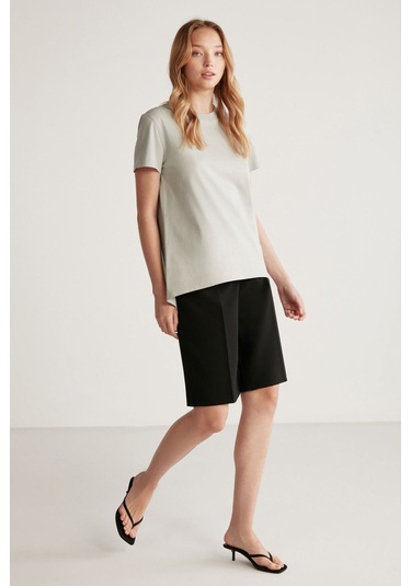 GRIMELANGE Samantha Kadın %100 Organik Pamuklu Comfort Fit Arkası Uzun Basic Örme Açık Gri T-shirt Açık Gri