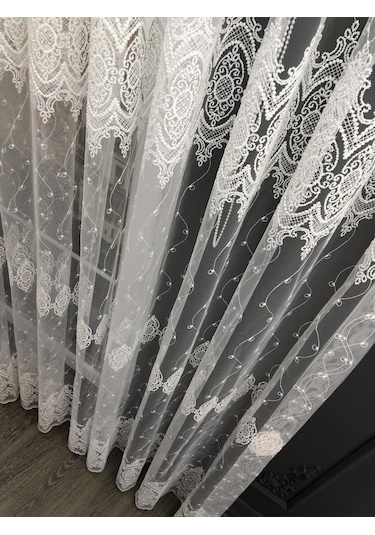 Tül Perde Çerçeve Desen Brillant Marka Sedef Sim Brode Işleme Ekru