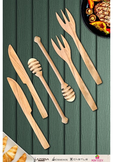 Zeytin Ağacı Ahşap Tahta Bal Reçel Kaşığı Kahvaltı Çatalı Kahvaltı Bıçağı Seti Ynzyt-151 Kahverengi