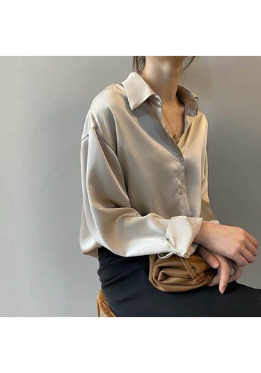 Kadın Günlük Düz Renk Düğmeli Gömlek Retro Uzun Kollu Asılı Üst Beyaz