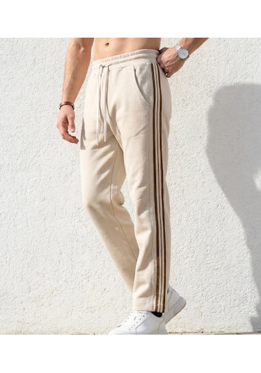 Plus Scorpion Erkek Slim Fit Eşofman Altı Yan Şeritli Pamuklu Bej