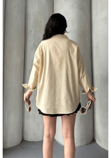 Paw Garage Kadın Harper Çift Cepli Oversize Keten Gömlek, 2025 Summer Collection Taş