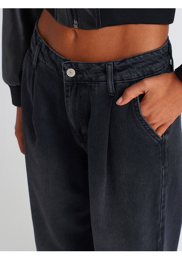 Dilvin 71733 Pileli Geniş Denim Pantolon Siyah