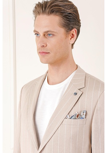Comfort Fit Çift Yırtmaç İtalyan Çizgili Keten Casual Bej Ceket C 671 Bej