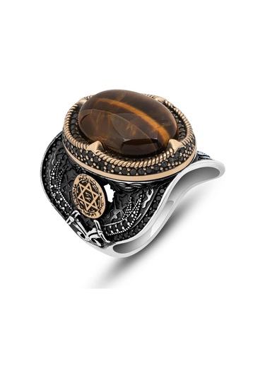 Kaplan Gözü Taşlı Süleyman Mührü 925 Gümüş Erkek Yüzük Beyaz